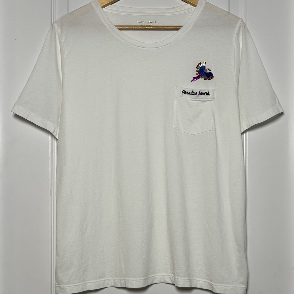 Kate Spade New York 100% Cotton White Sequin Parrot Graphic Embroidered T-Shirt